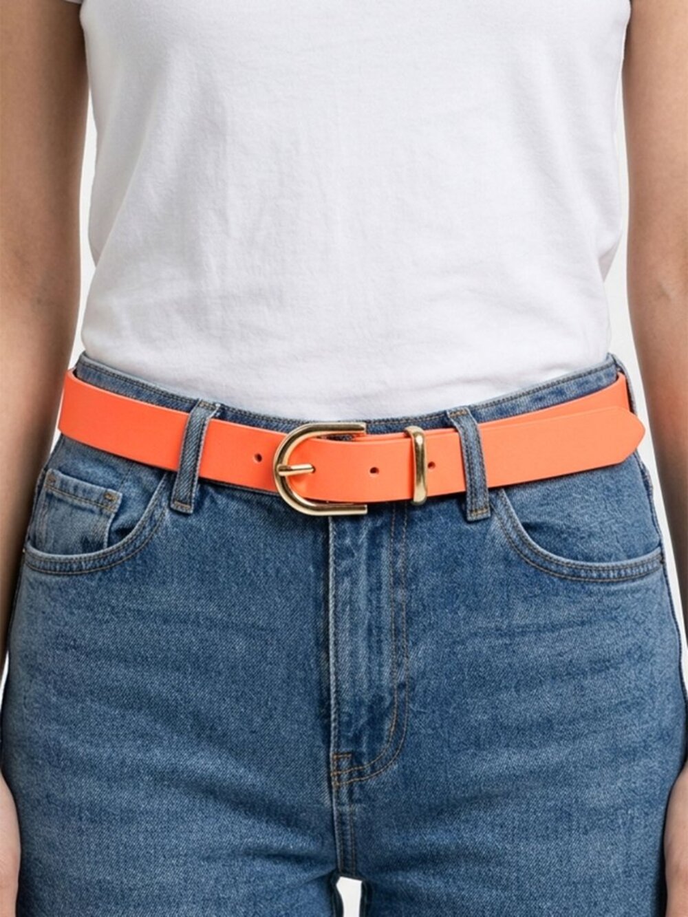 H&M Faux Leather Skinny Belt Hot Coral Neon Orange Gold Buckle Vegan Summer